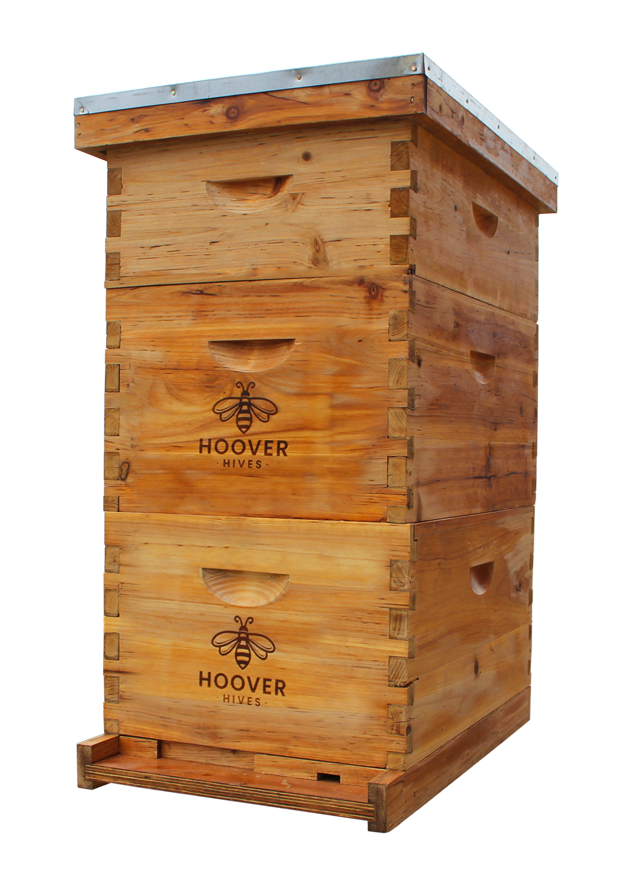 Finely crafted 8 frame beehive double coated in beeswax. This complete kit contains 2 brood boxes, 1 super box and more.
