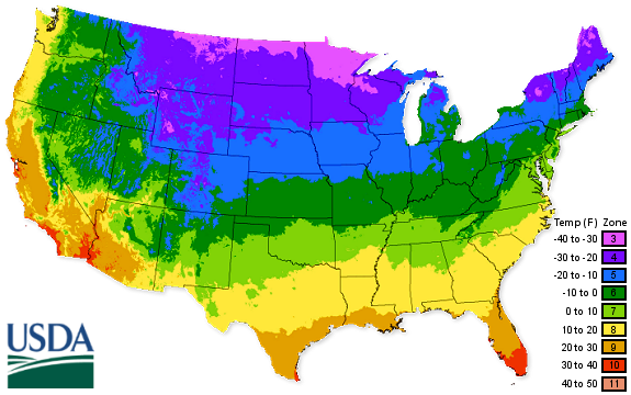Map of United States showing different USDA zones. Labeled to help you decide how much sun each state receives.